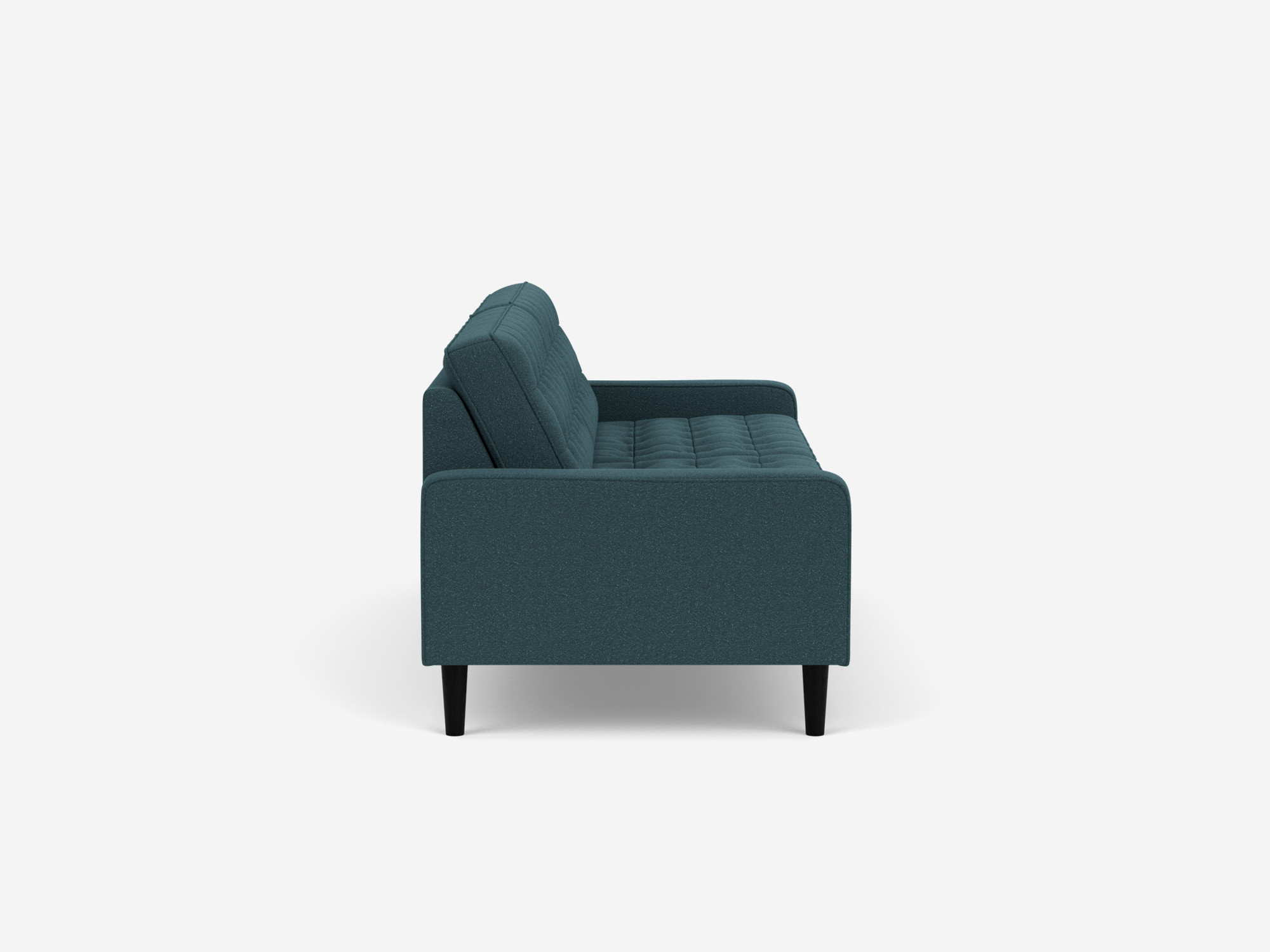 Side view of our mid century modern sofa, the Reverie 86", upholstered in blue fabric